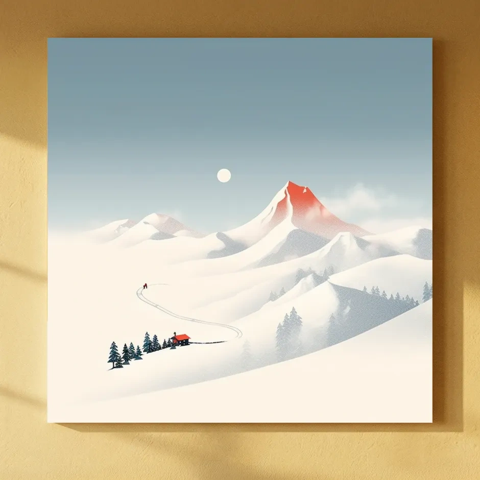 Minimalist Snowy Mountain Cabin Landscape - Nordic Winter Wall Art