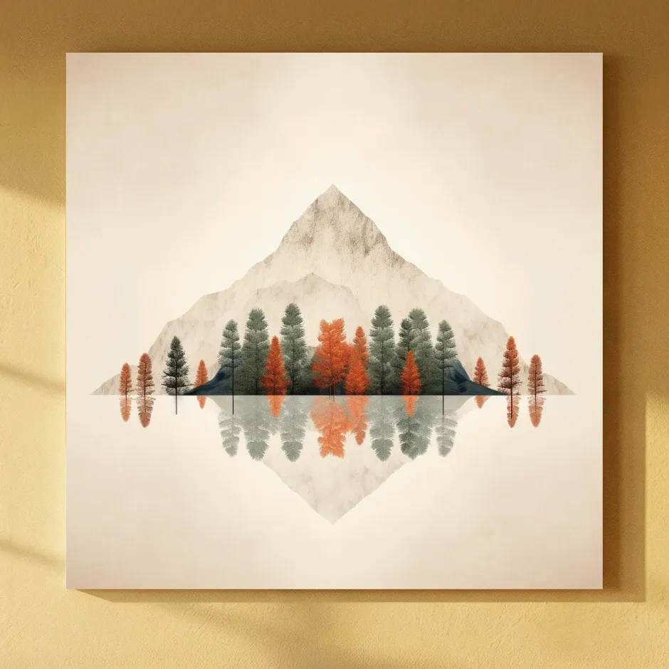 Minimalist Minimal Mountain Lake Reflection Painting - Autumn Pine Forest Artwork