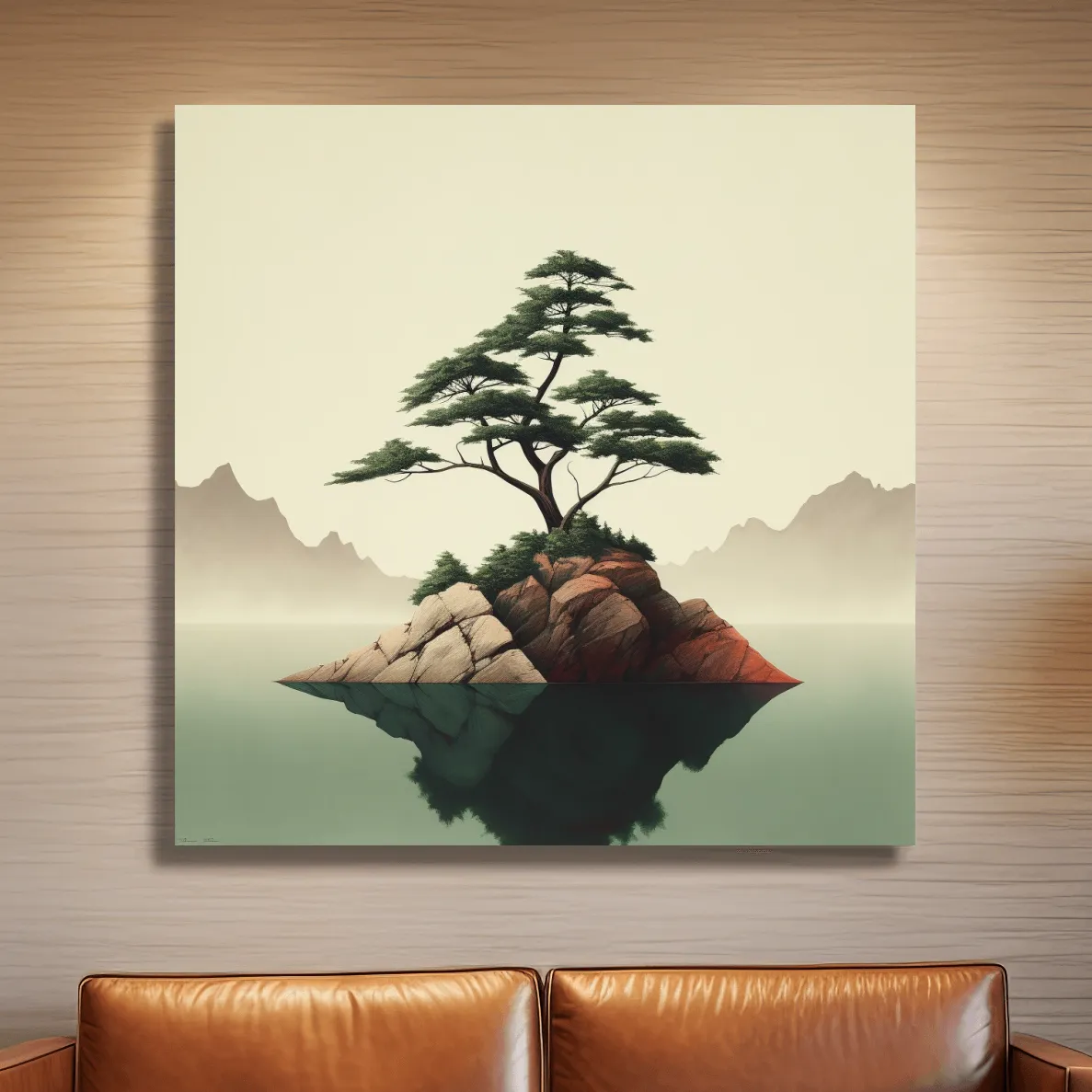 Mimimal mountain art, tree on a lake