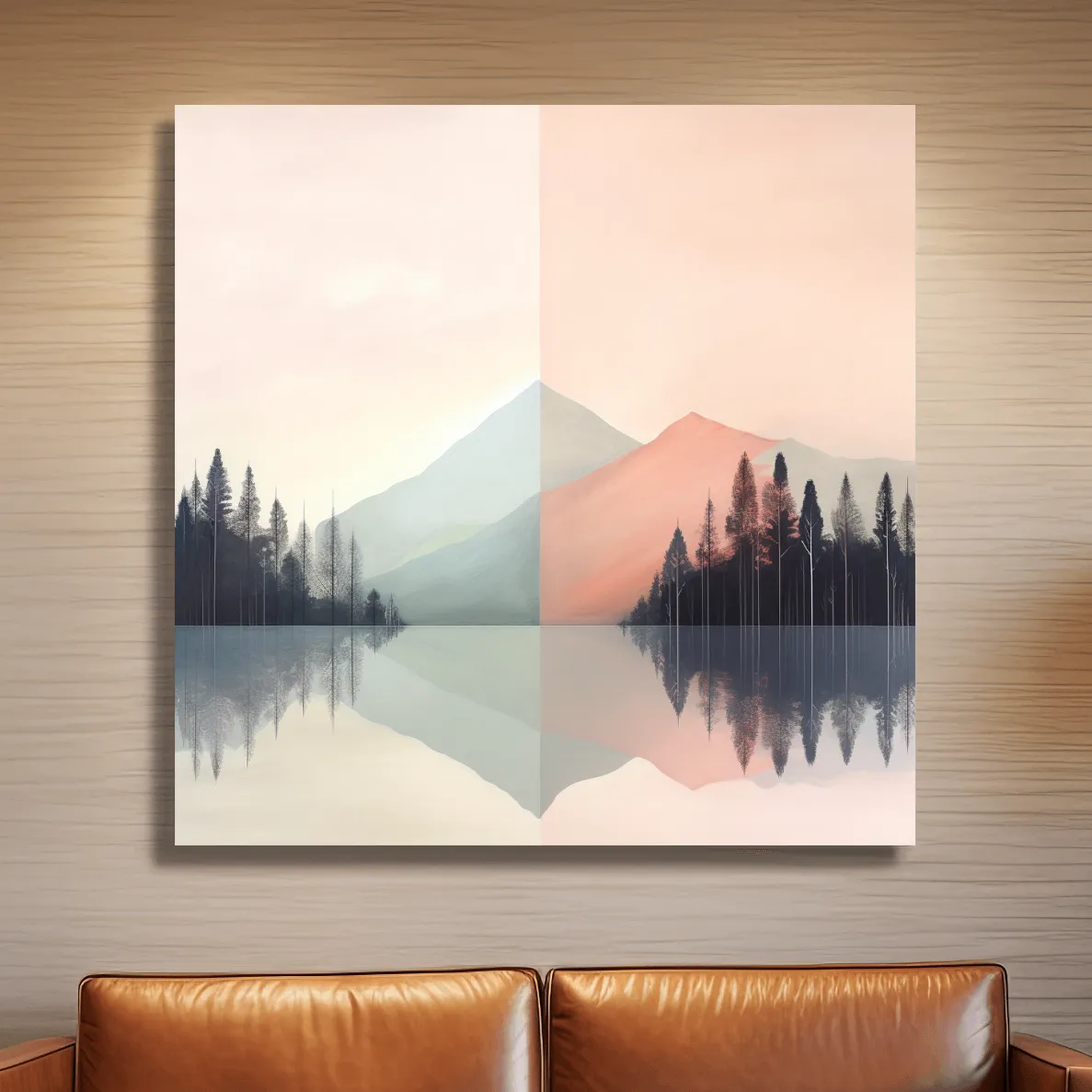 Mimimal mountain art, alpine treelined lake