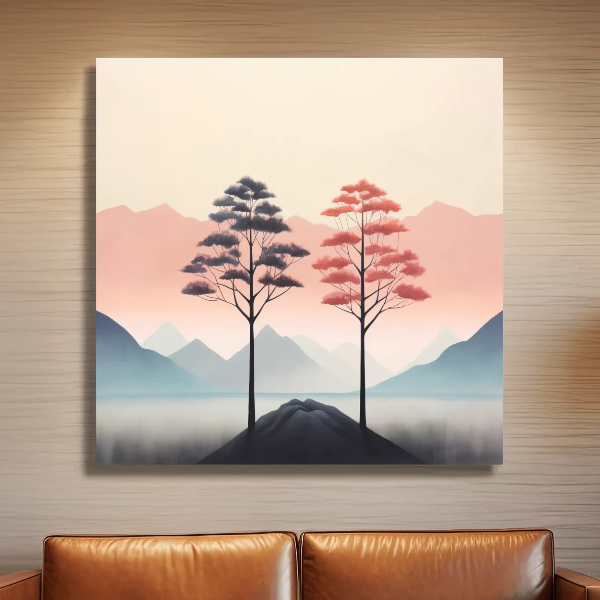 Minimal pastel art, two trees before the mountain landscape