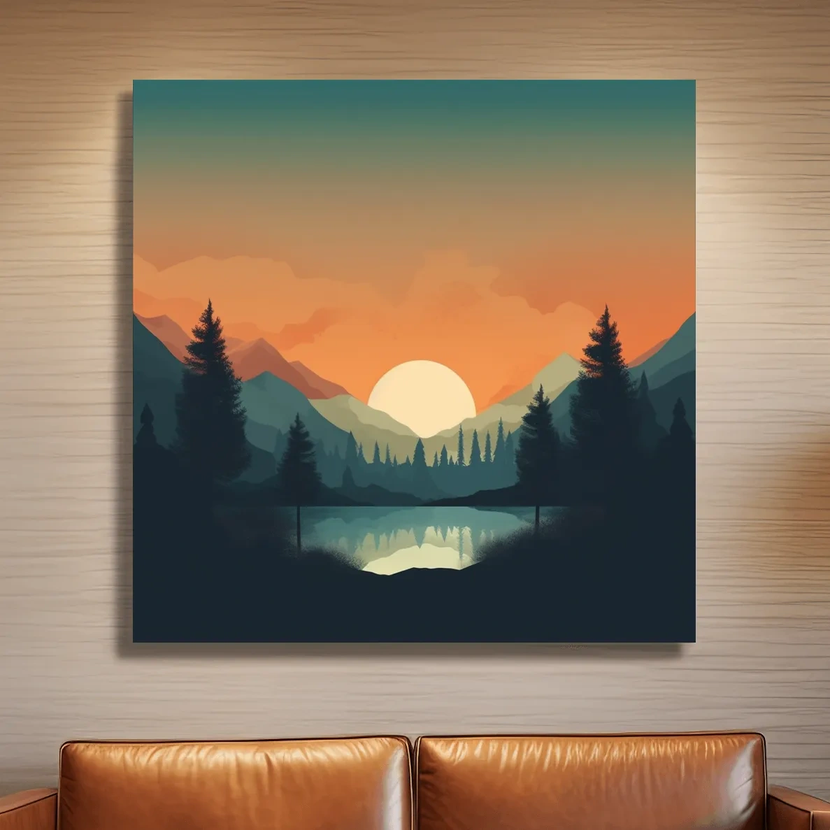 Minimal sunset mountain lake artwork, serene landscape with reflections