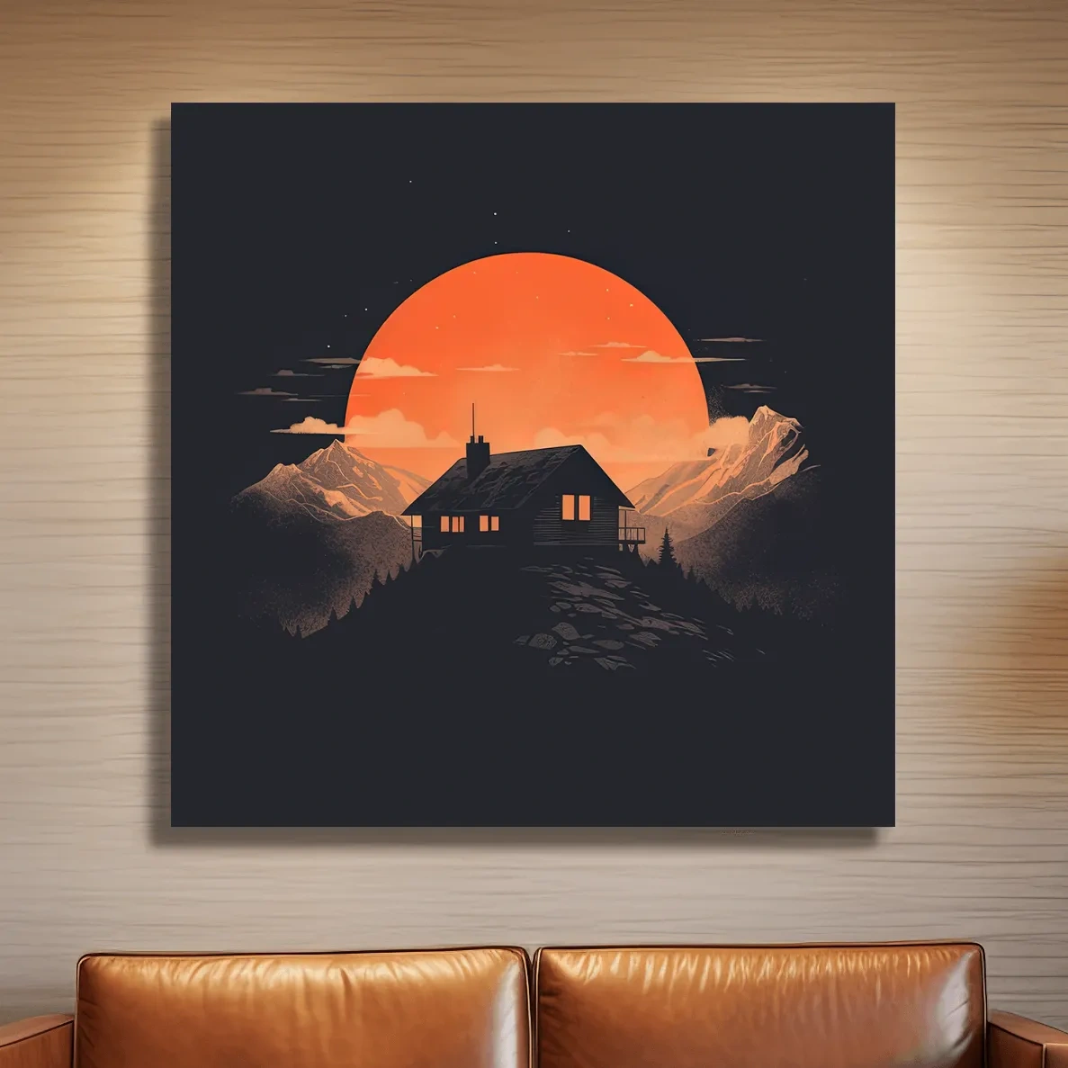 Minimal art, cabin at sunset
