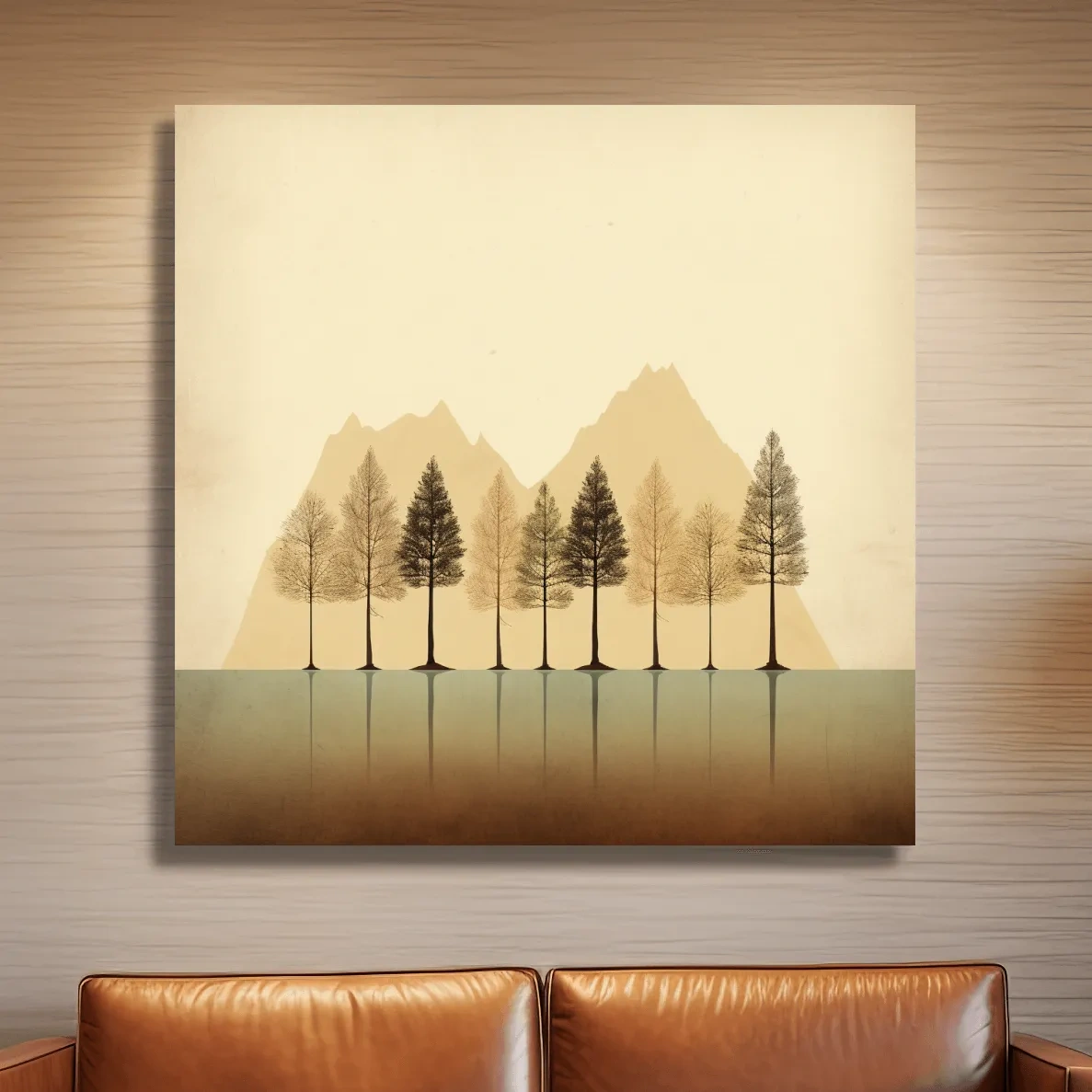 Minimal mountain art, treeline on the lake