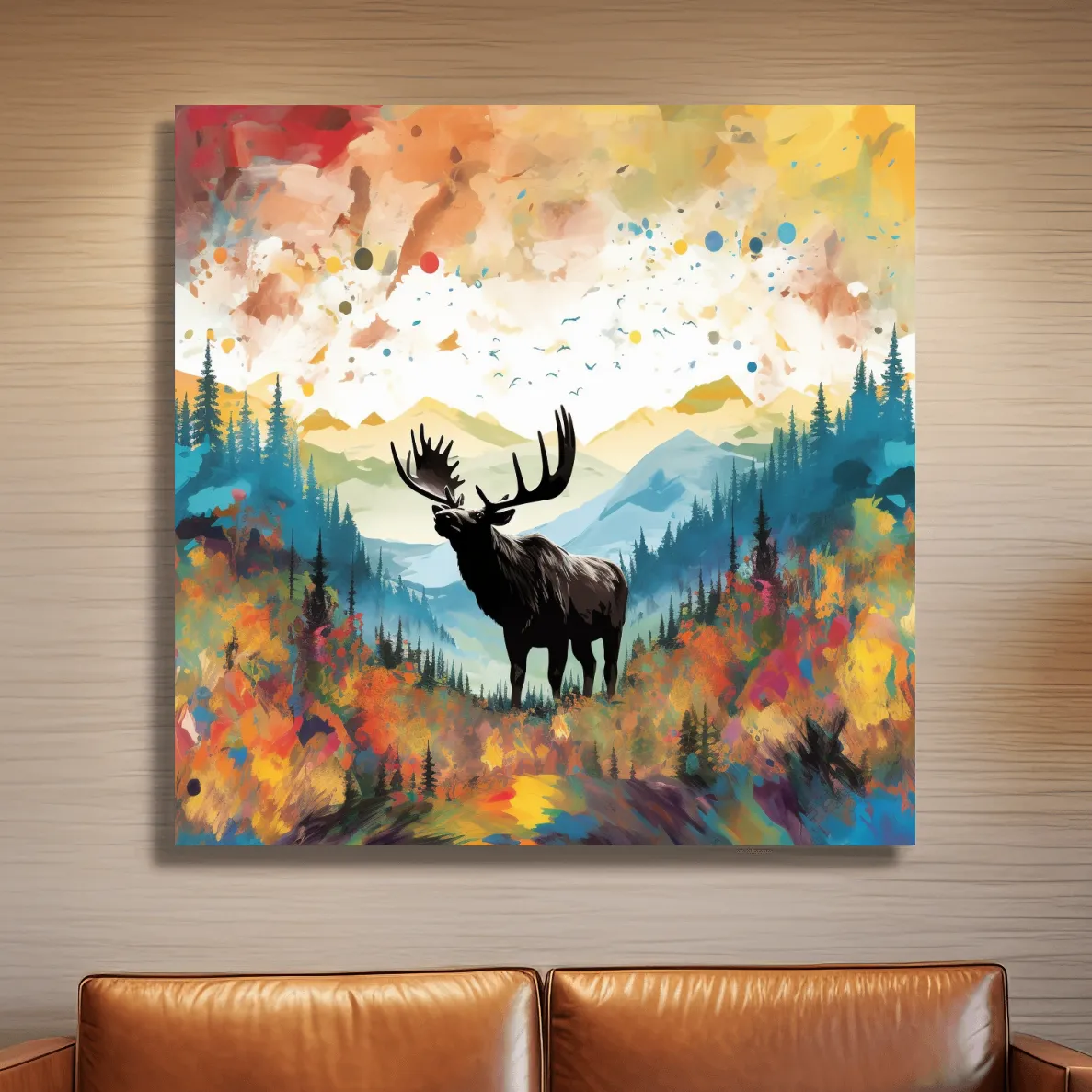 Abstract splattered painting of a large moose