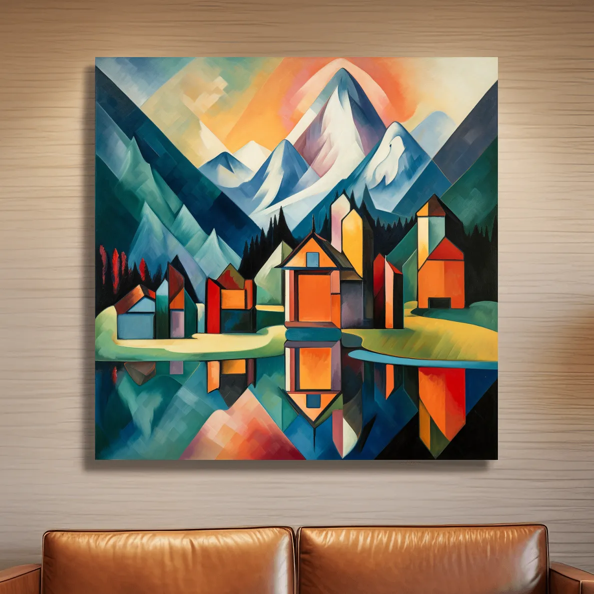 Abstract painting of a mountain town by a glacier