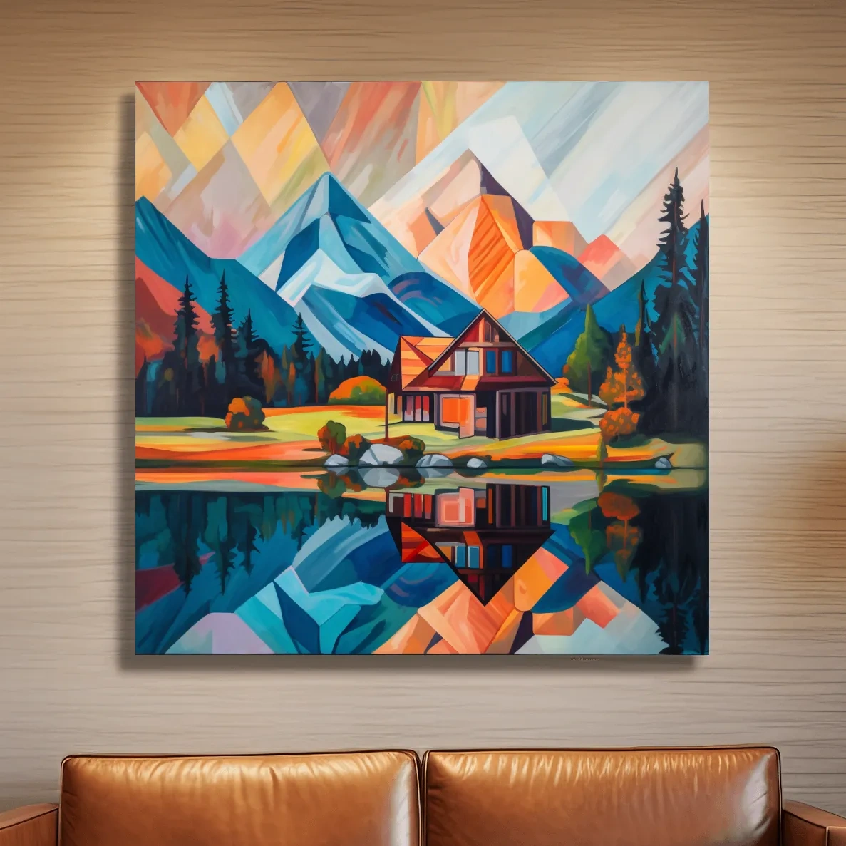 Abstract painting of a cabin by a lake at sunrise