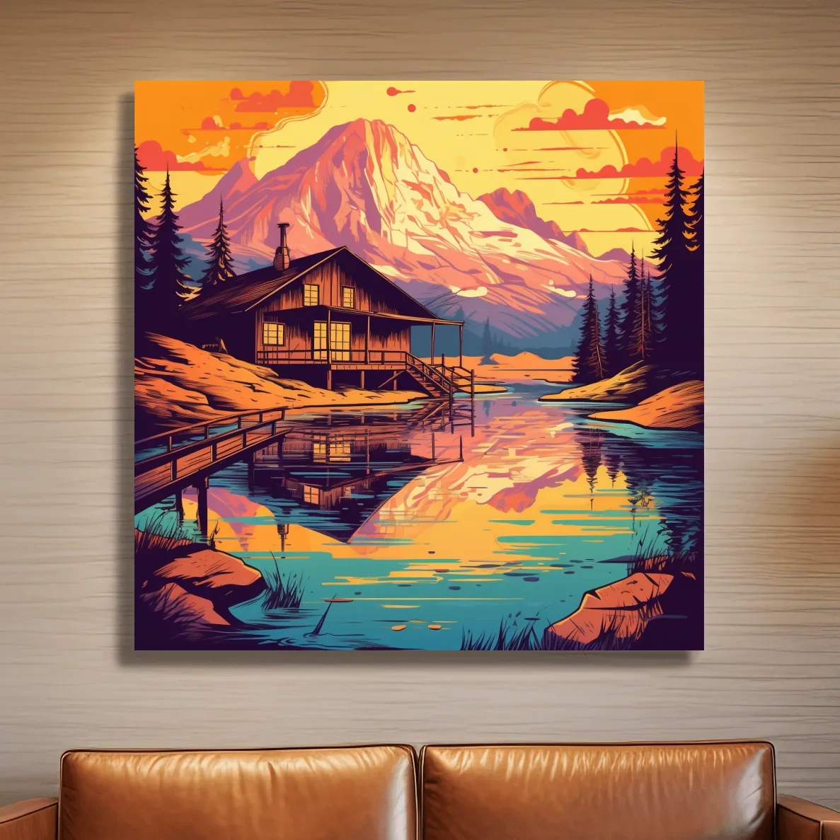 Colourful illustration of a cabin by an alpine lake at sunset
