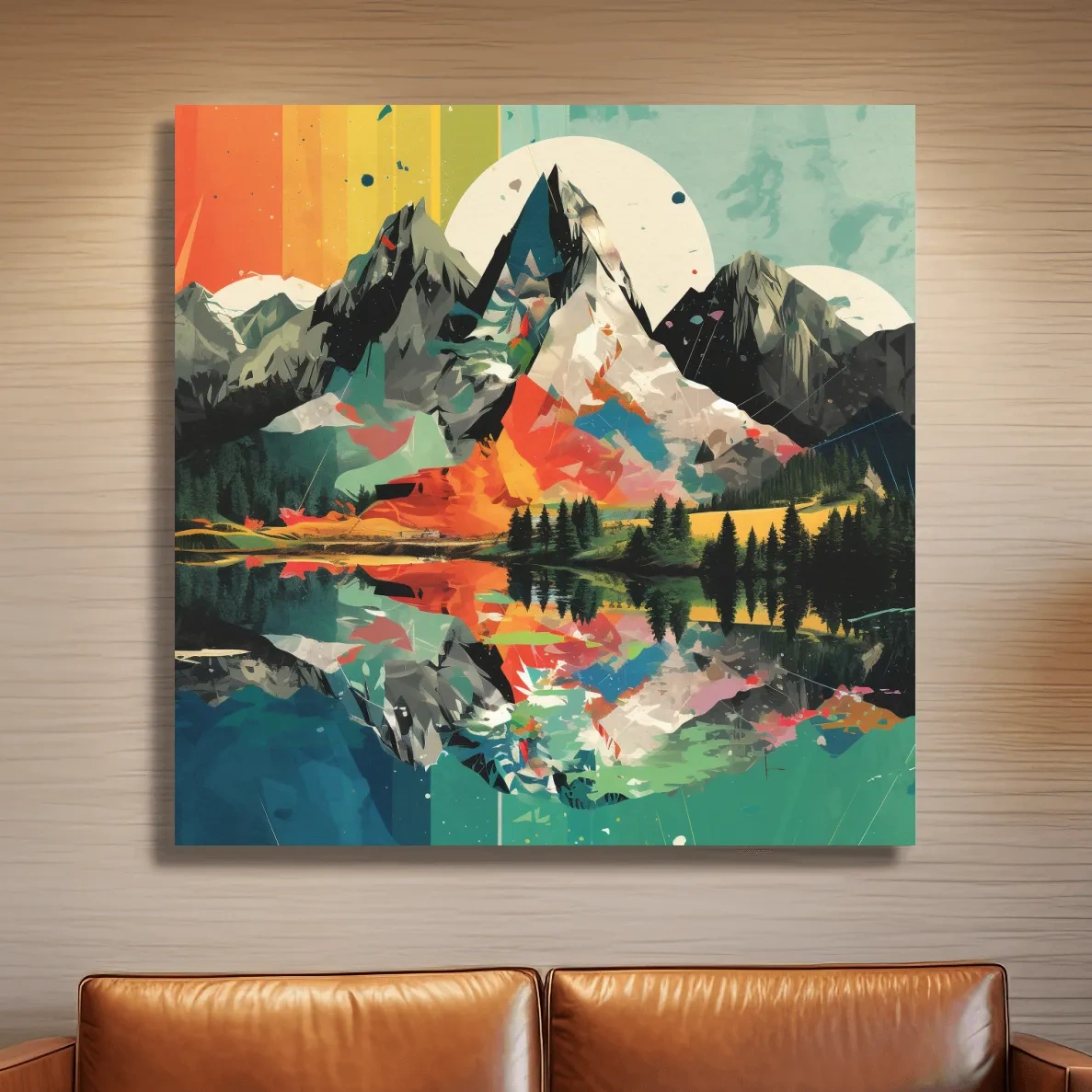 Vibrant Abstract Mountain Lake Collage Art - Colorful Alpine Wall Art