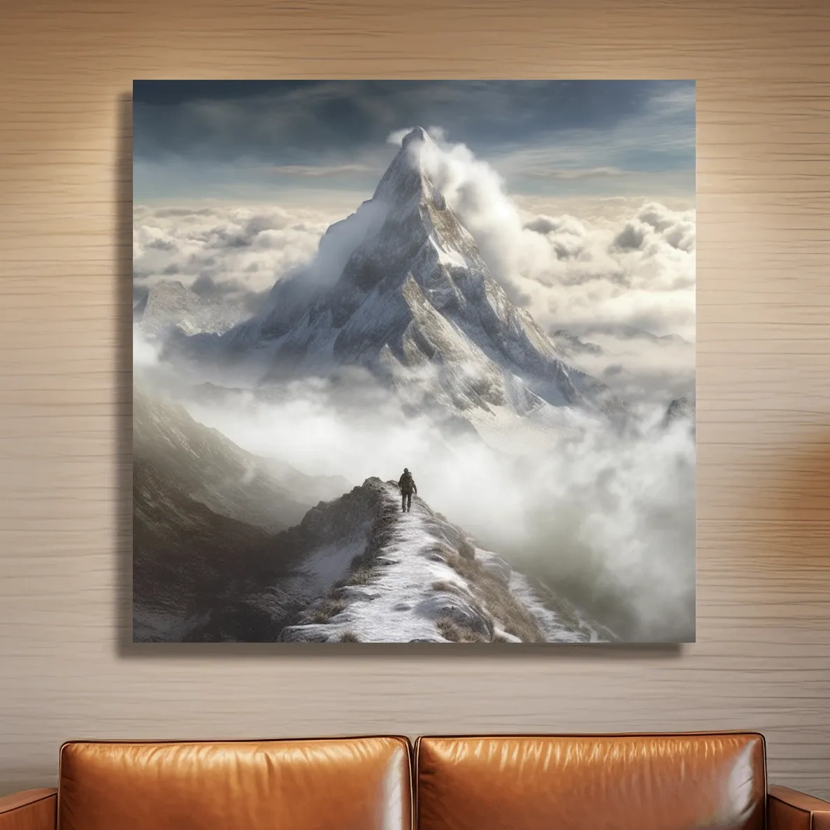 Painting of a person walking along a high alpine ridge