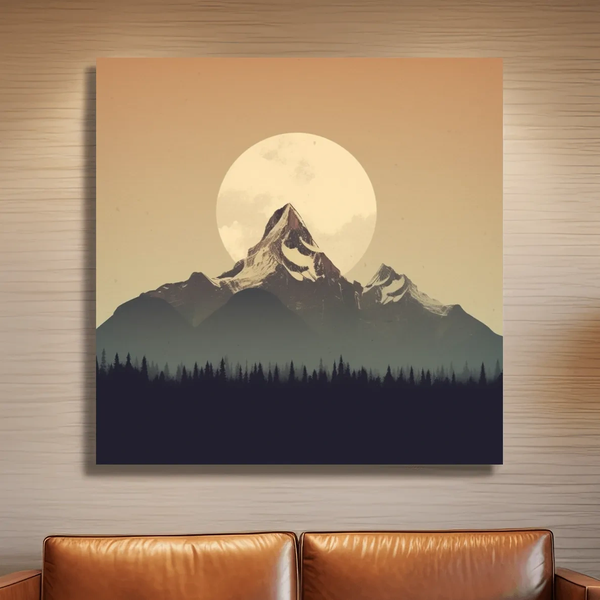 Graphical art of the moon behind a large mountain, minimalist mountain wall art