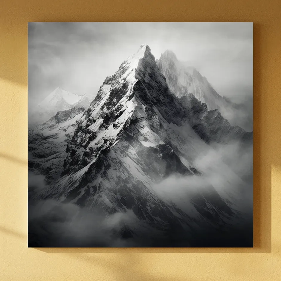Moody Monochrome Snowcapped Mountain Peaks - Photographic Alpine Wall Art