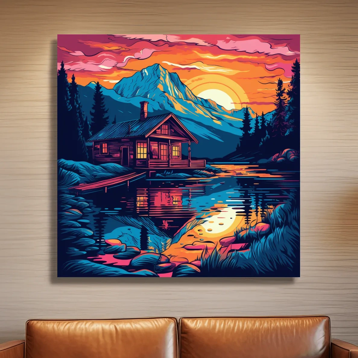 Illustration of a cabin by a lake at sunset