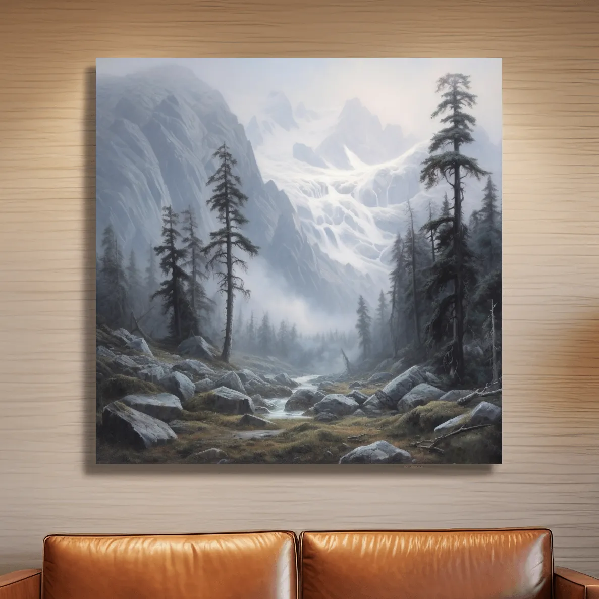 Painting of fog rolling through an alpine scene