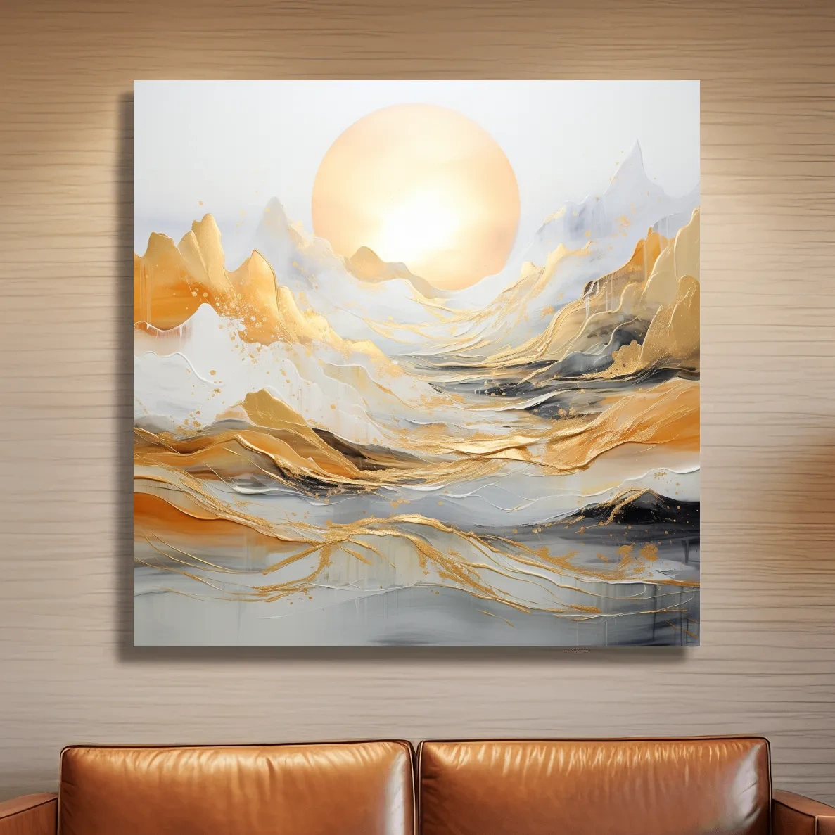 Mountain landscape art, gold leaf painting style