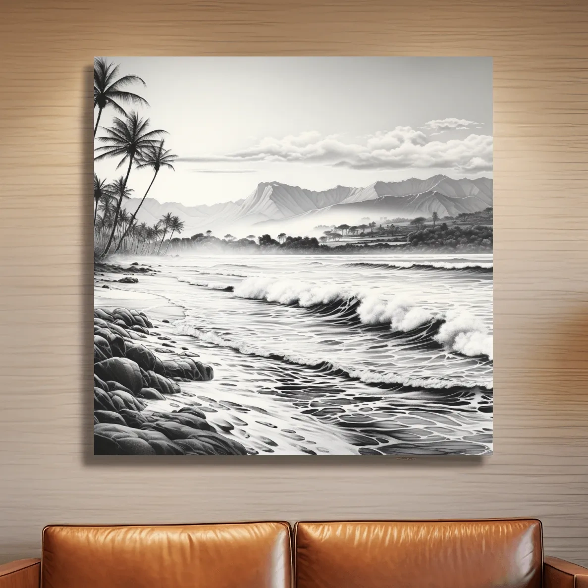 Black and white drawing of a tropical beach mountain scene