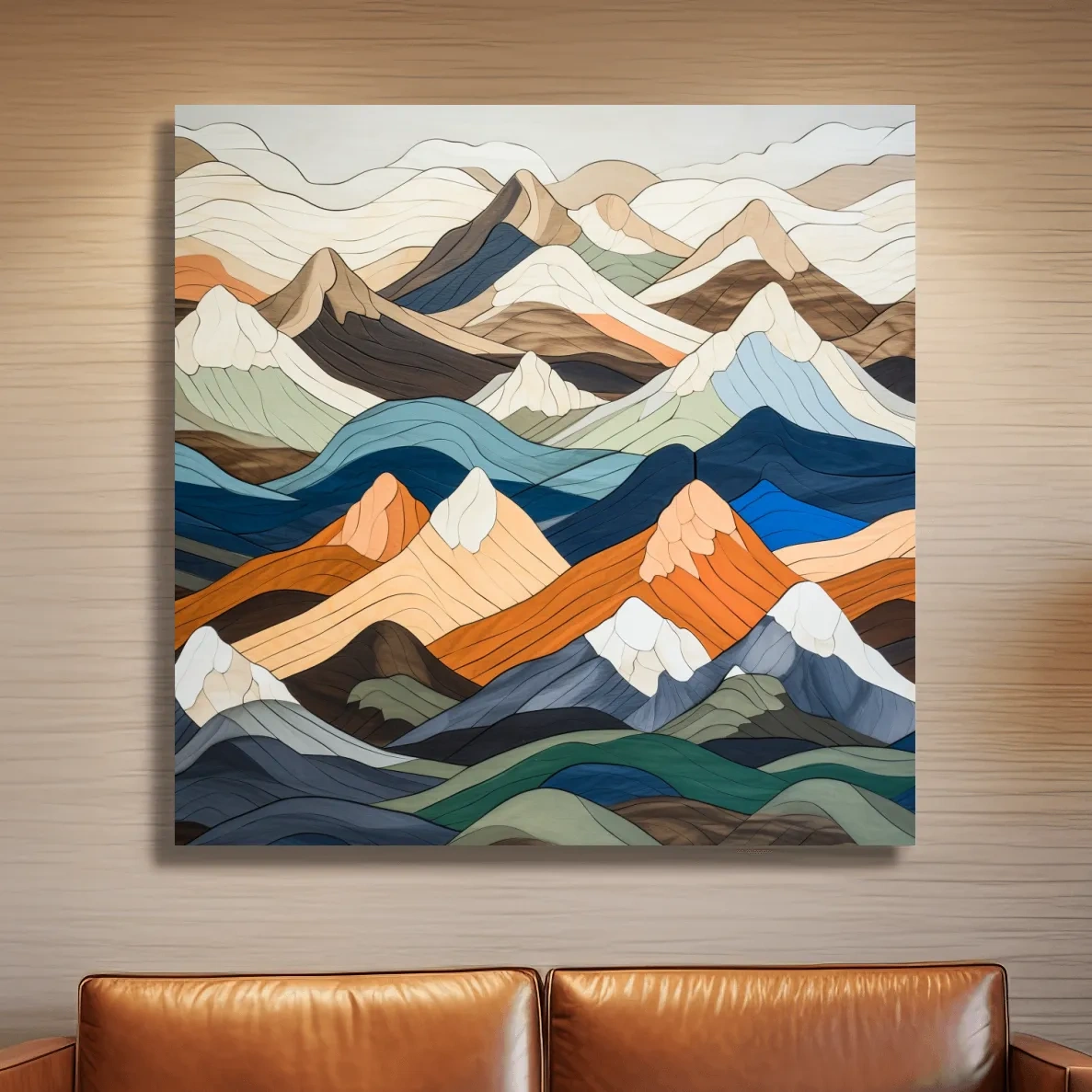 Wooden art, snow mountain peaks