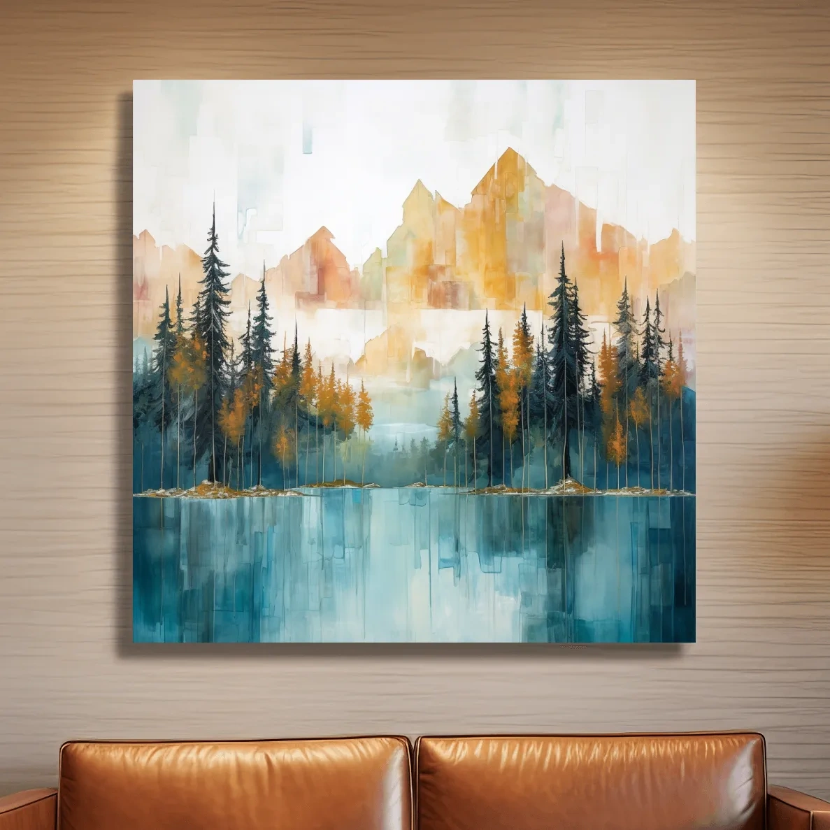Abstract Watercolor Alpine Lake Reflection - Misty Mountain Forest Wall Art