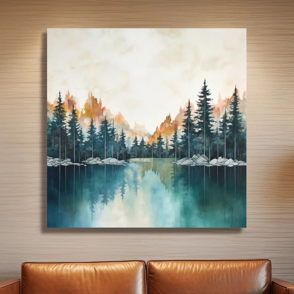 Blue and orange watercolour painting of a treelined lake