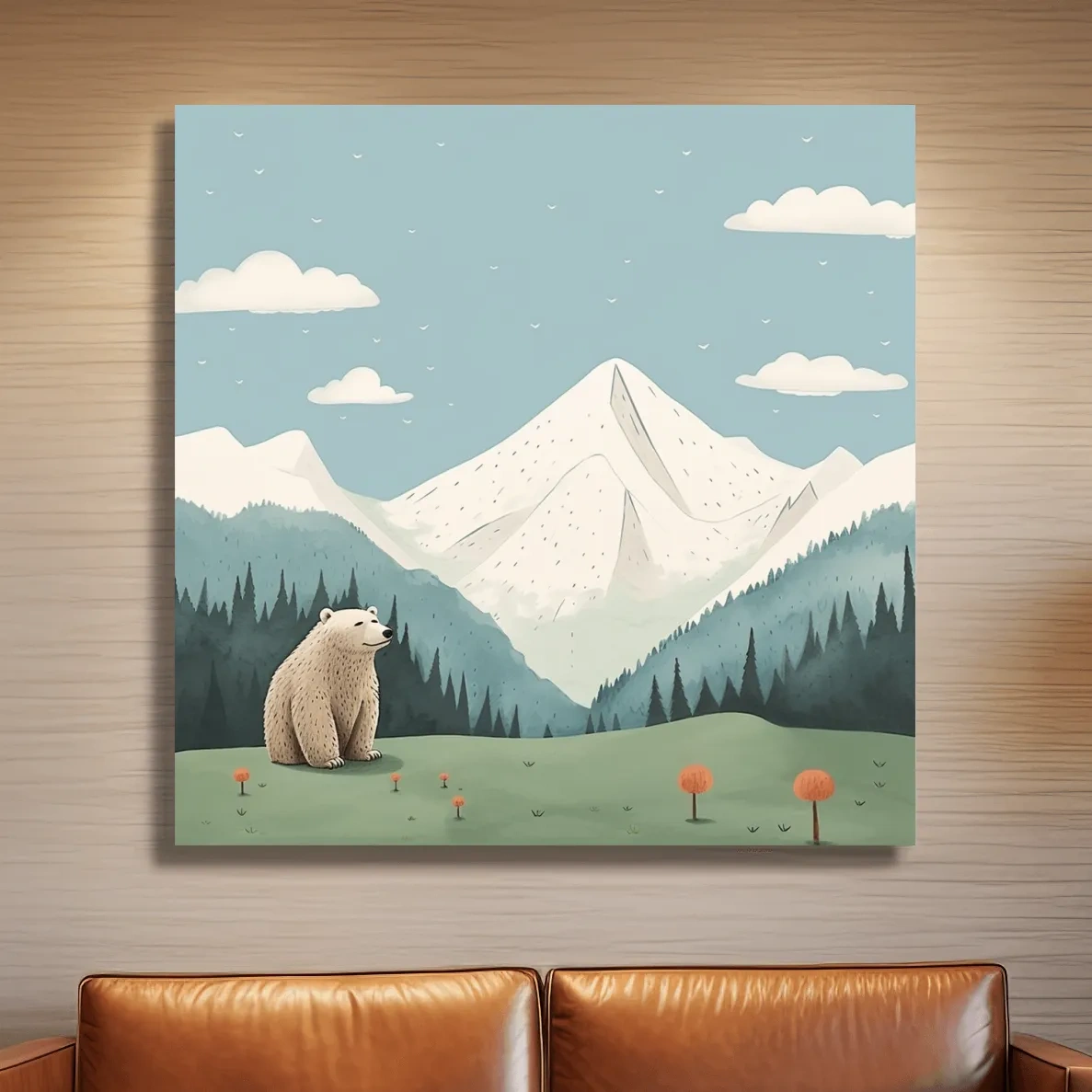 Illustration of a happy bear sitting in the alpine