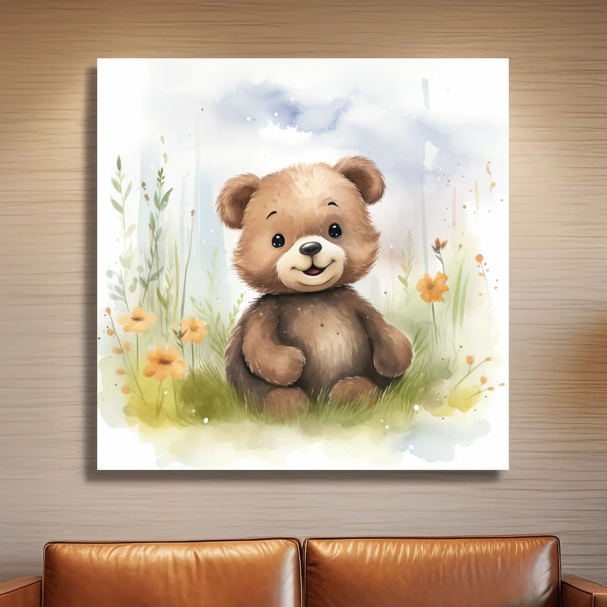 Nursery illustration, watercolor painting of a cute happy bear cub