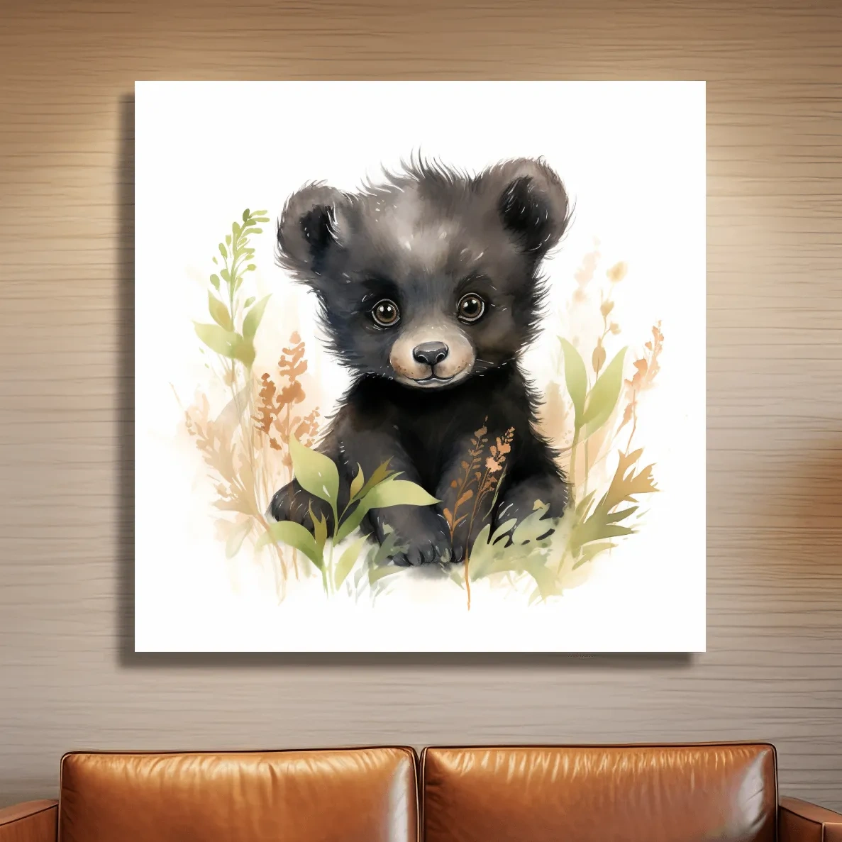 Watercolor painting of a cute black bear cub, nursery art painting