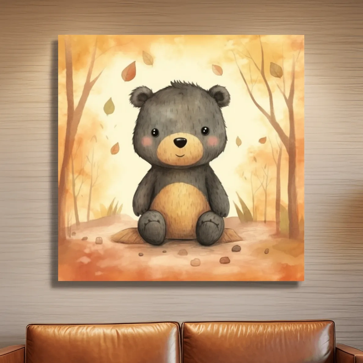 An illustration of a cute bear sitting in the forest, childrens art