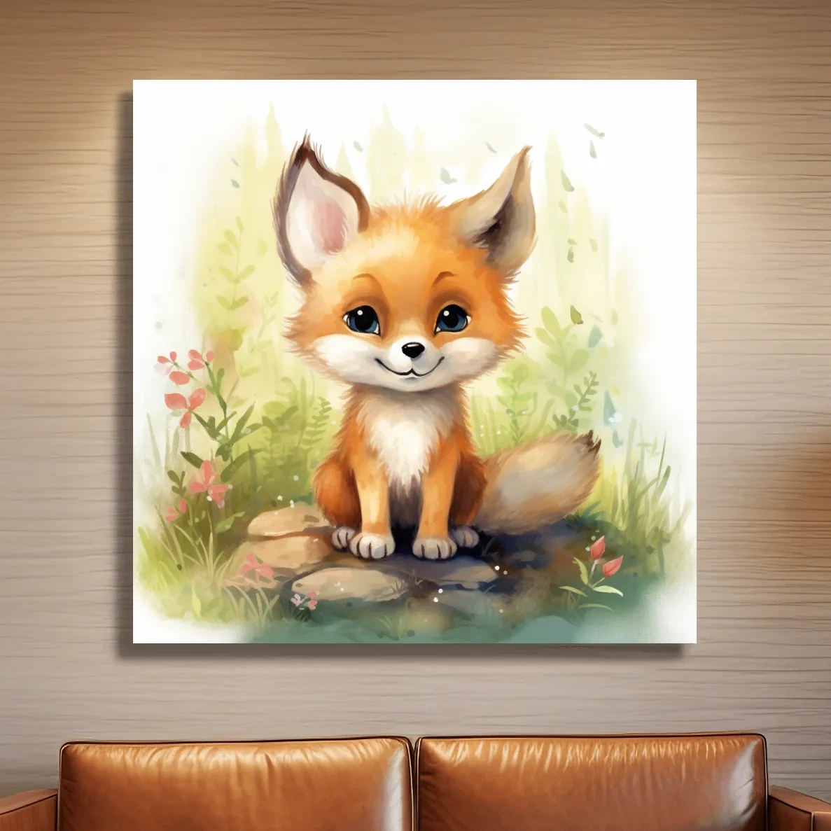 Watercolor nursery art painting, a cute baby fox cub sitting in the forest