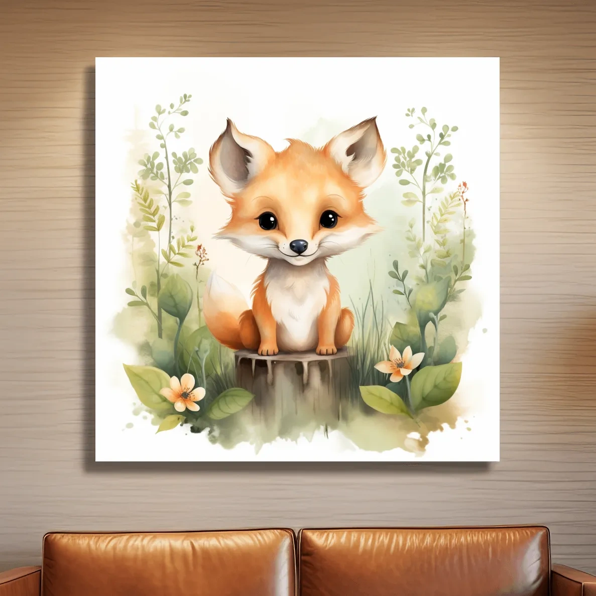 Watercolor nursery art illustration, a cute fox cub sitting on a log