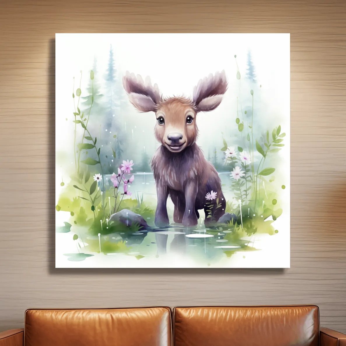 Watercolor painting of a cute baby moose in the forest, nursery art