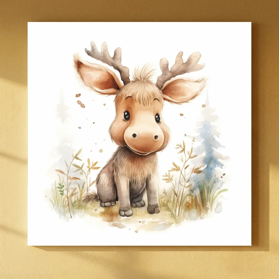 Cute Baby Moose Watercolor Illustration - Woodland Nursery Animal Wall Art