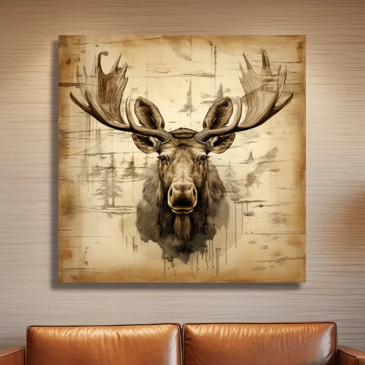 Rustic Sepia Moose Portrait Sketch - Vintage Lodge Wildlife Wall Art