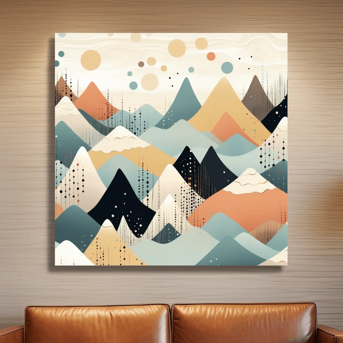 Mid-century bohemian art, pastel mountain patterns