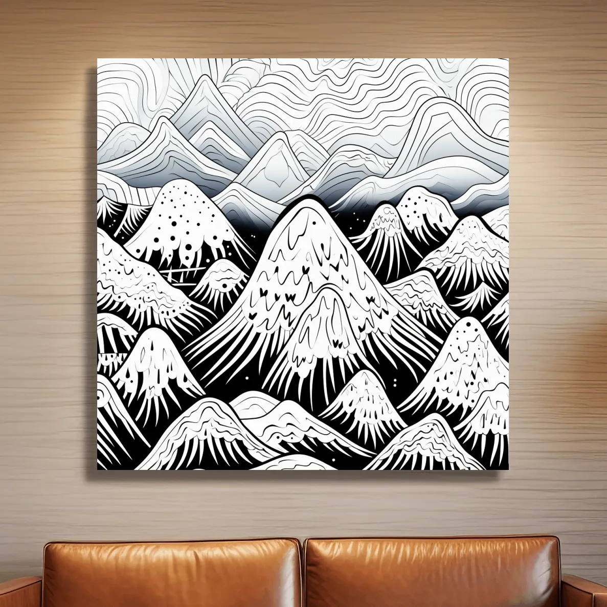 Black and white illustration of snowy mountain peaks