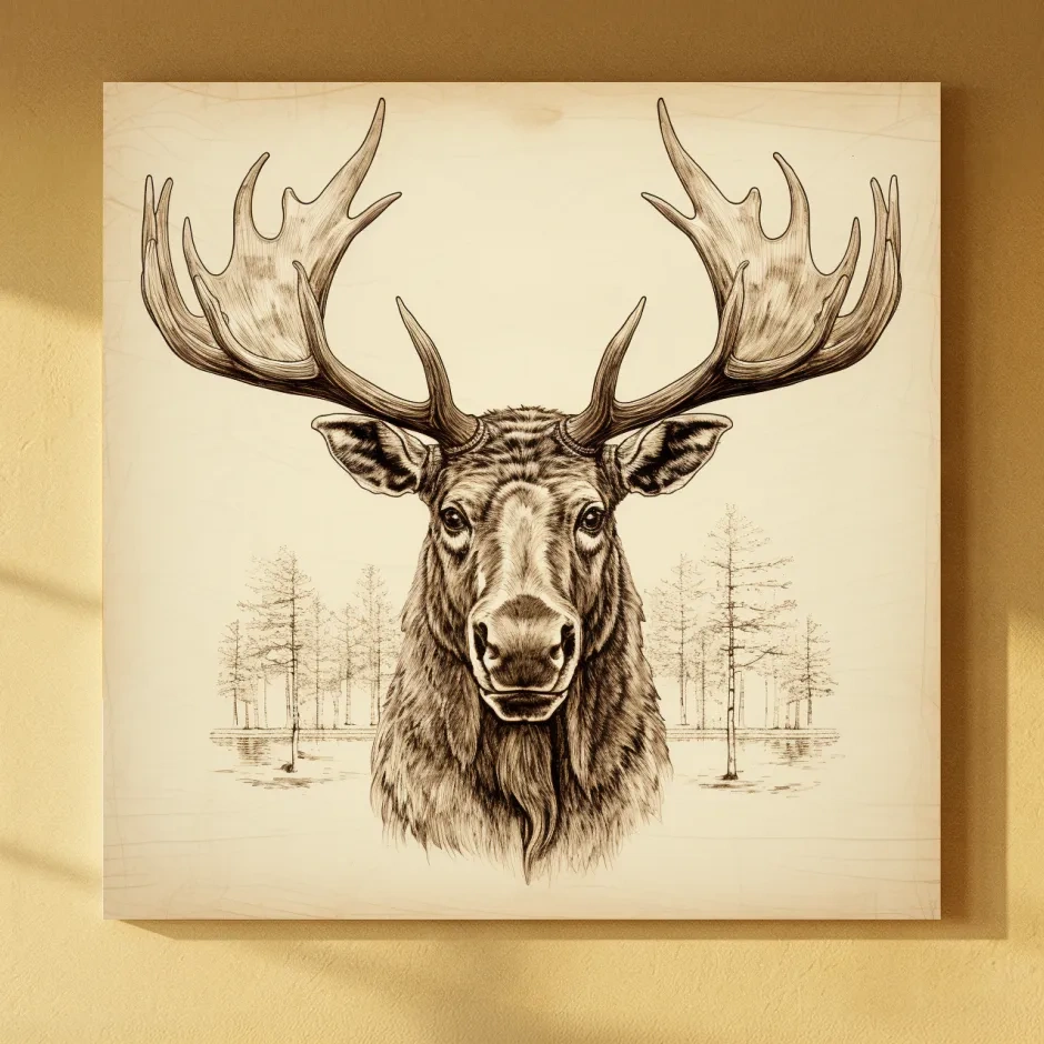 Rustic Sepia Moose Head Sketch - Vintage Woodland Wildlife Wall Art