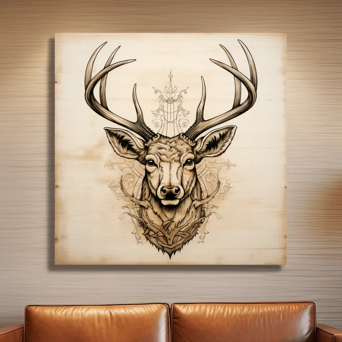 Subtle wood burning art of an elegant deer head