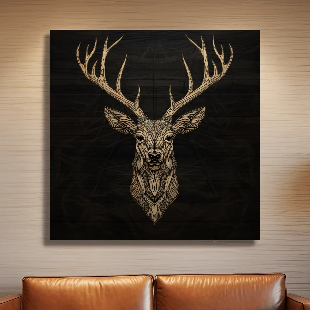 Wood engraving artwork of a deer head