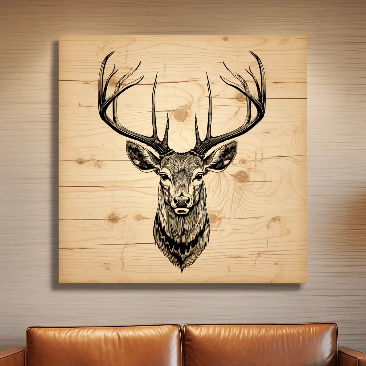 Rustic Engraved Wood Deer Head Illustration - Lodge Wildlife Wall Art