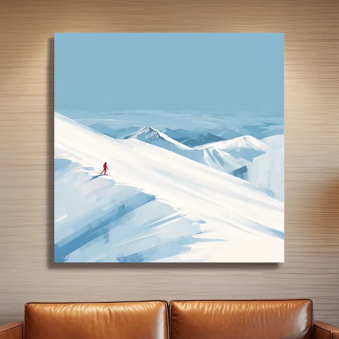 Backcountry skier painting artwork, simple minimalist style