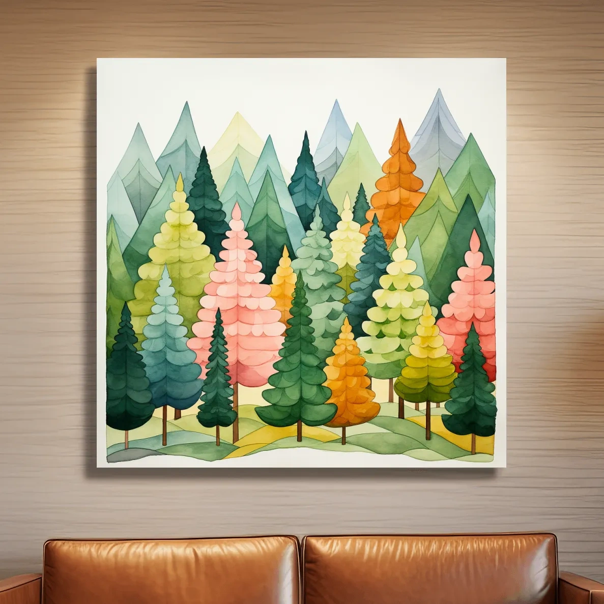 Whimsical Watercolor Pine Forest Mountains - Pastel Nursery Childrens Wall Art