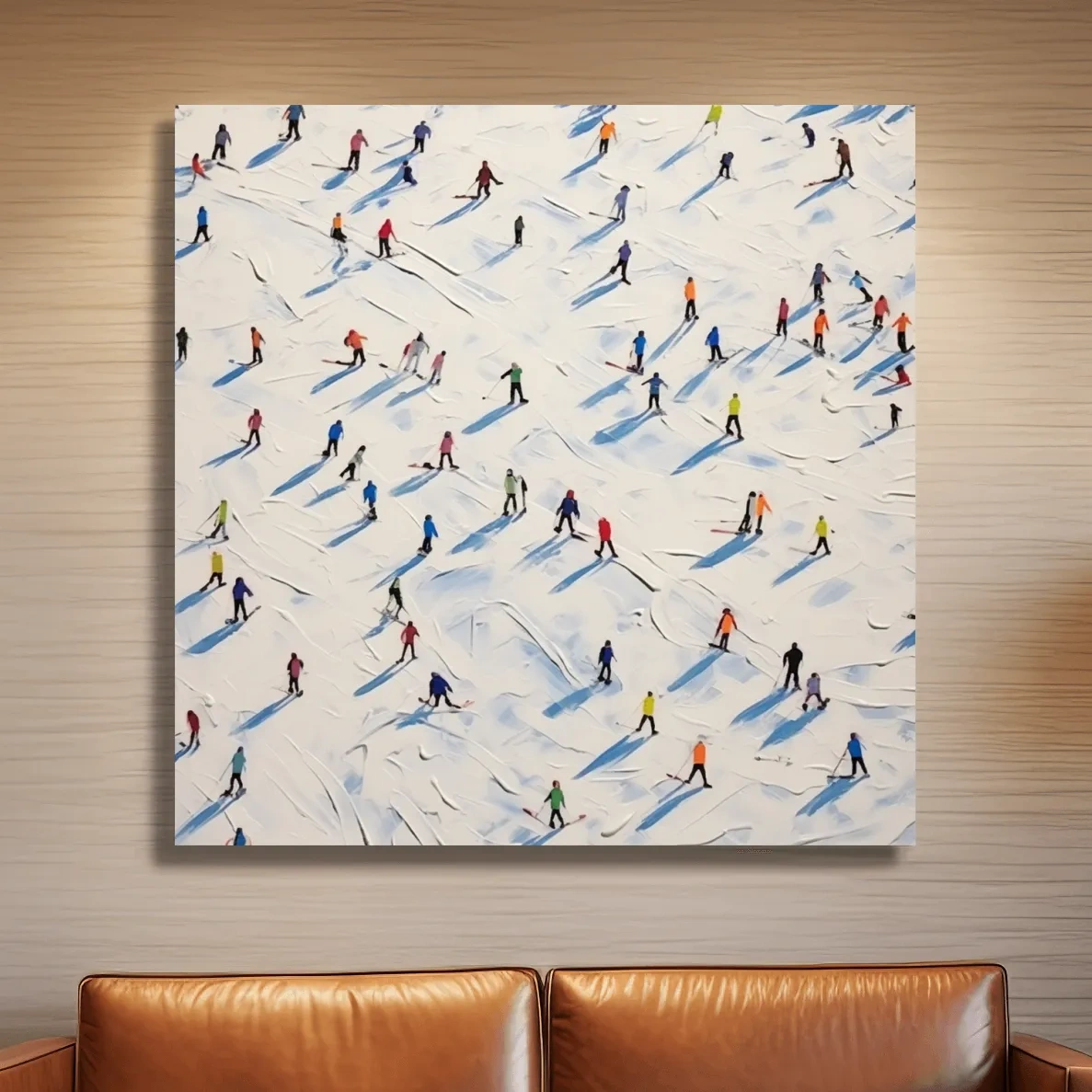 Aerial view of a ski resort with lots of little skiers, textured painting effect