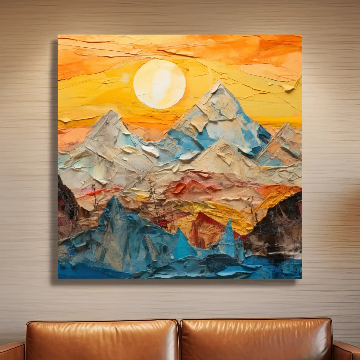 Textured art paper mache effect, mountains at sunset canvas art