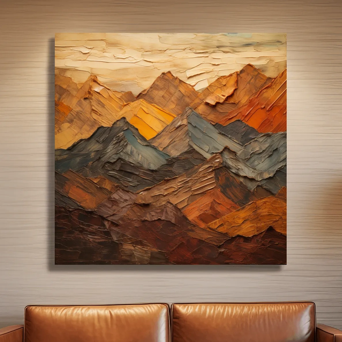 Earthy coloured mountains artwork, textured impasto painting effect