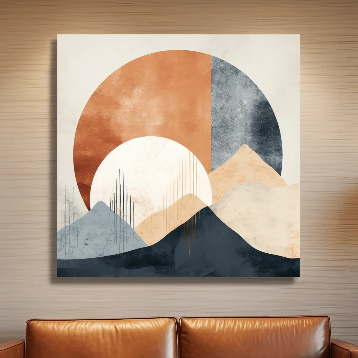 Abstract shapes forming mountains, mid century style artwork, earthy tones
