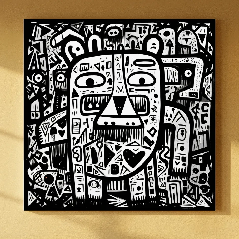 Abstract Black And White Graffiti Bear Doodle Art - Bold Geometric Animal Wall Art