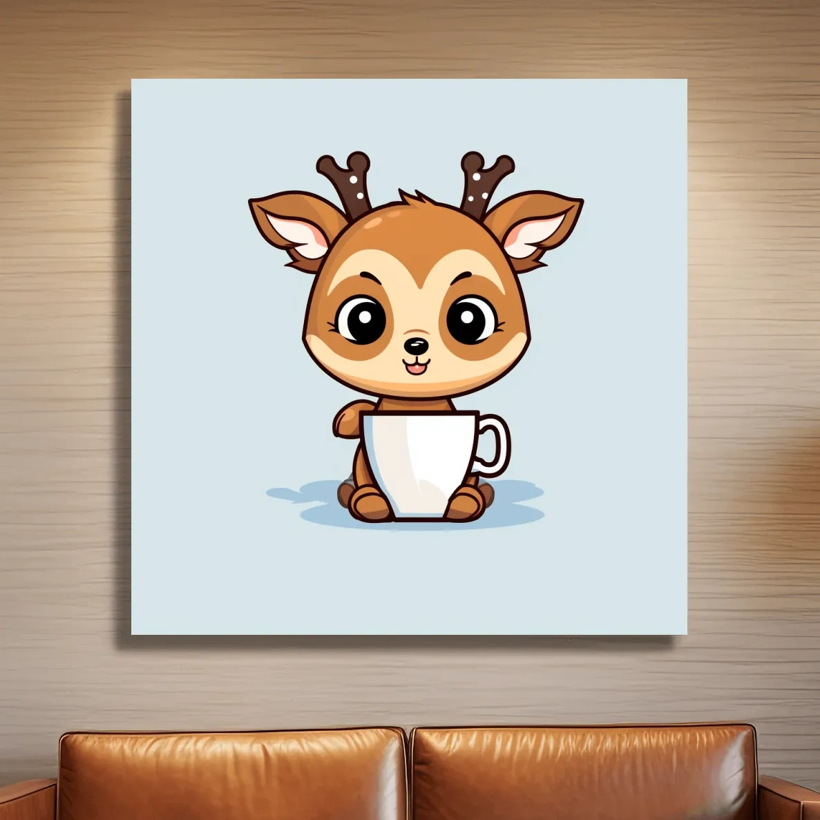 Cartoon illustration of a cute baby deer having morning coffee