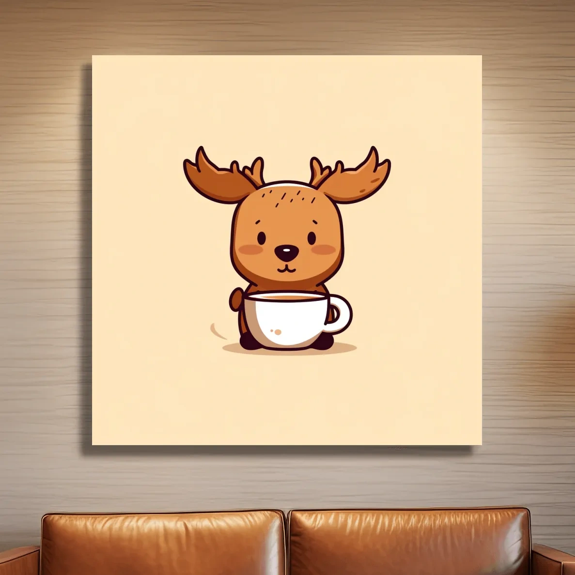 Cartoon illustration of a happy baby moose drinking coffee