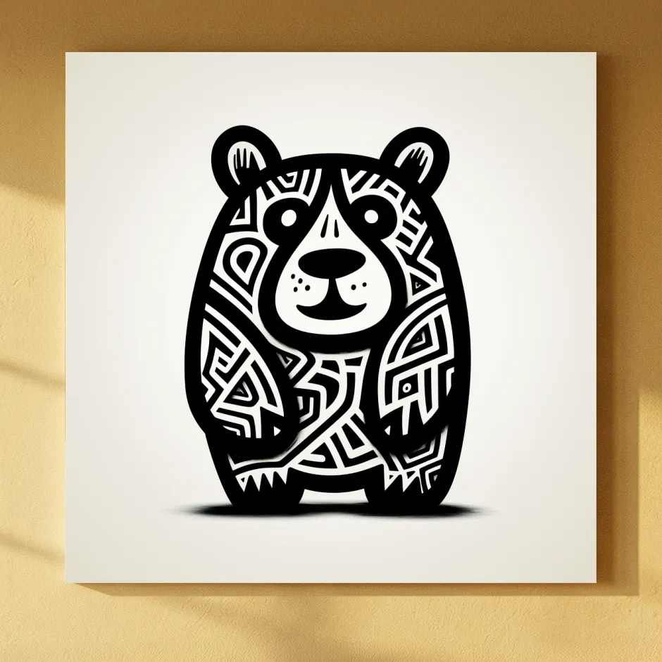 Tribal Cartoon Bear Illustration - Minimalist Black And White Wildlife Wall Art