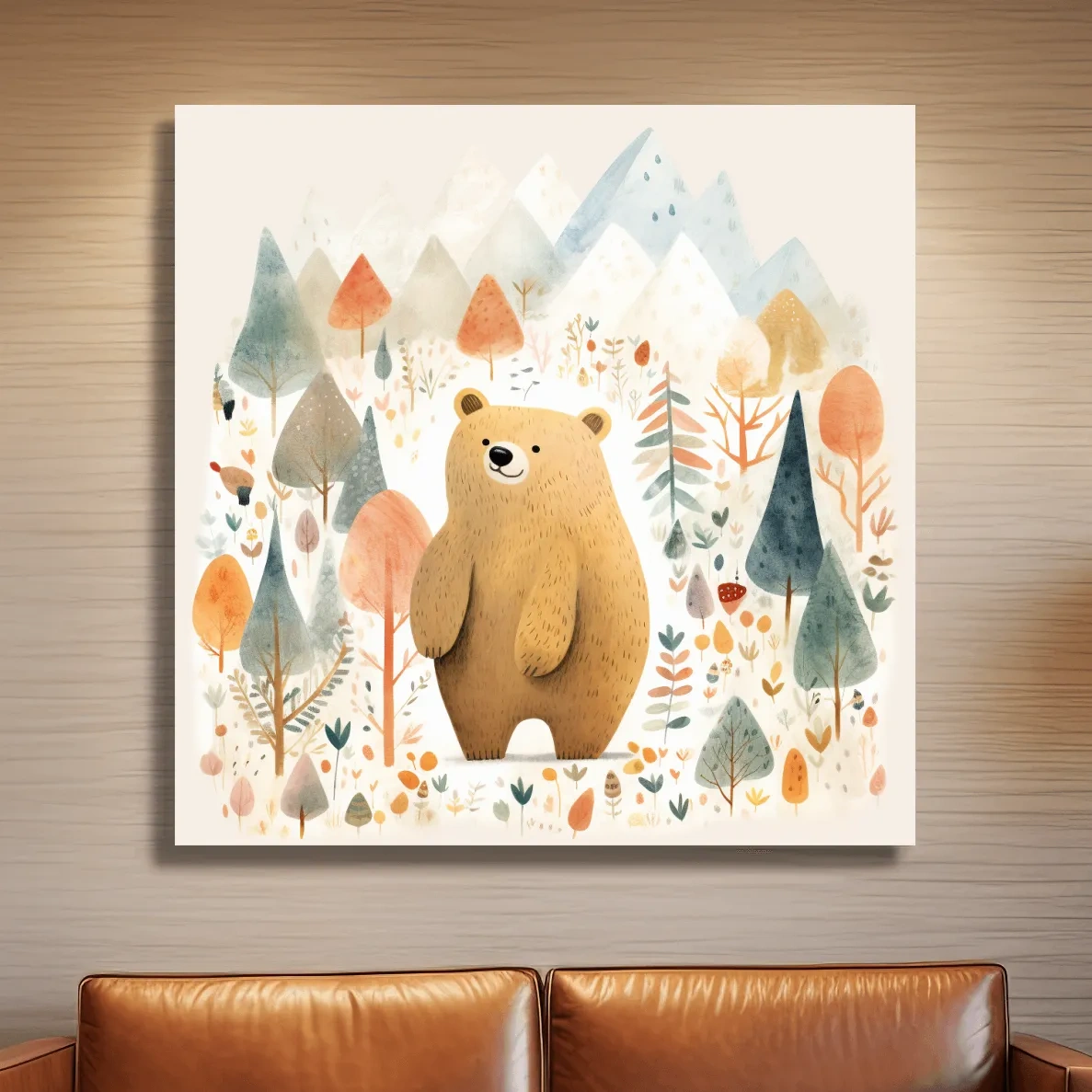 Cute Watercolor Bear In Mountain Forest - Whimsical Nursery Wall Art