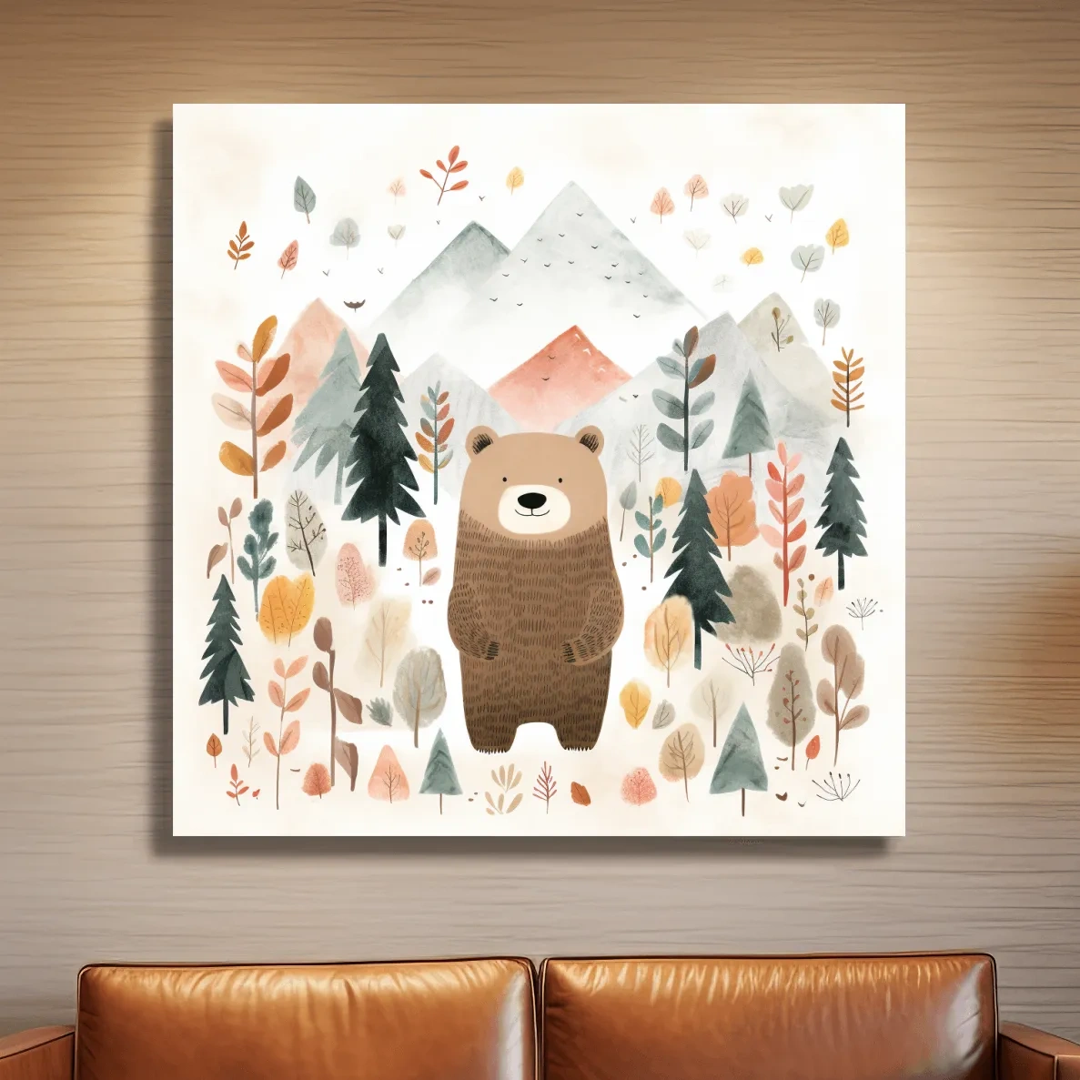 Nursery storybook art illustration of a brown bear in the forest